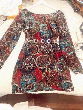 Auditions Maroon Printed Long-Sleeve Dress with Teal and Brown Accents